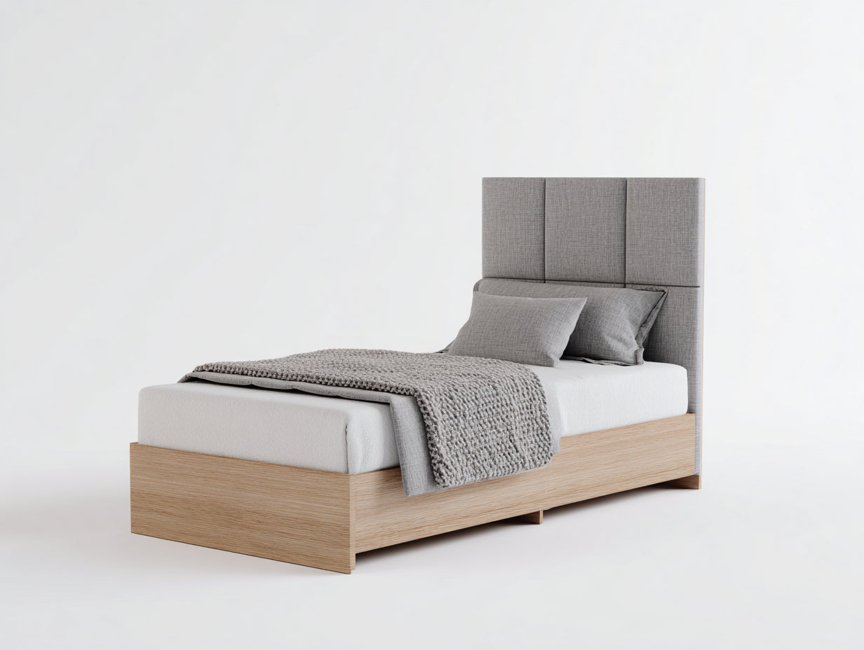 Lit simple en bois clair avec tete de lit capitonnee tissu gris 200x90x85 cm style moderne chambre adulte