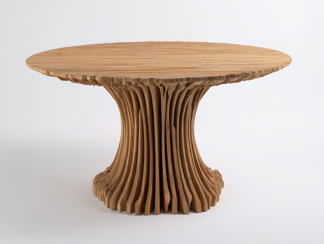 Table de jardin en bois massif design sculptural 140x140x75 cm base organique
