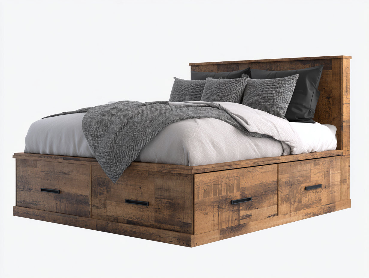 Lit double en bois avec rangements 210x160x110 cm - marron bois - design rustique moderne avec tiroirs int¨¦gr¨¦s