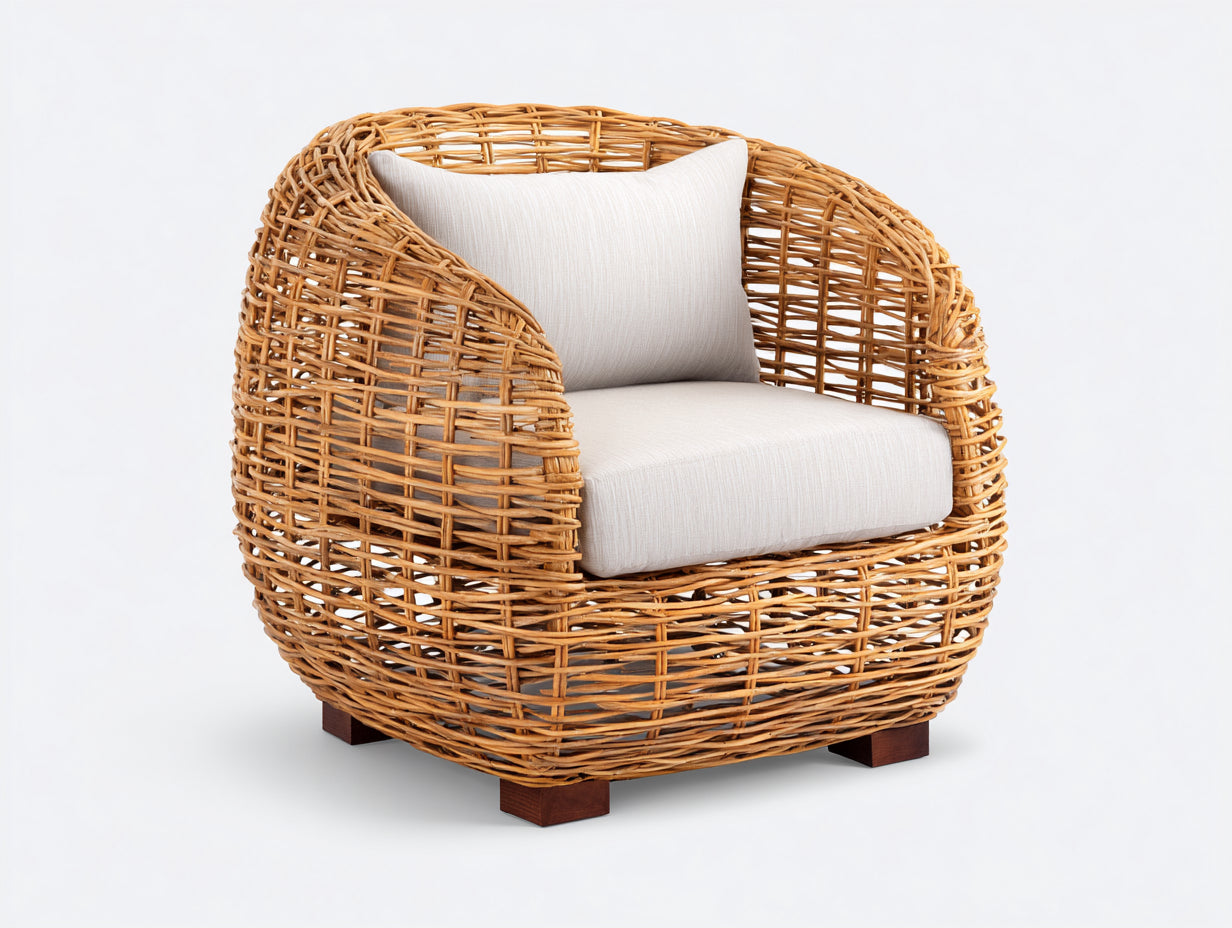 Fauteuil de jardin en rotin tresse design naturel 85x80x78 cm avec coussin blanc