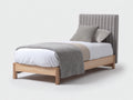 Lit simple bois naturel et tissu gris avec tete de lit capitonnee 200x90x110 cm design moderne chambre