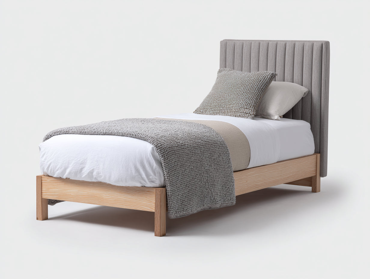Lit simple bois naturel et tissu gris avec tete de lit capitonnee 200x90x110 cm design moderne chambre