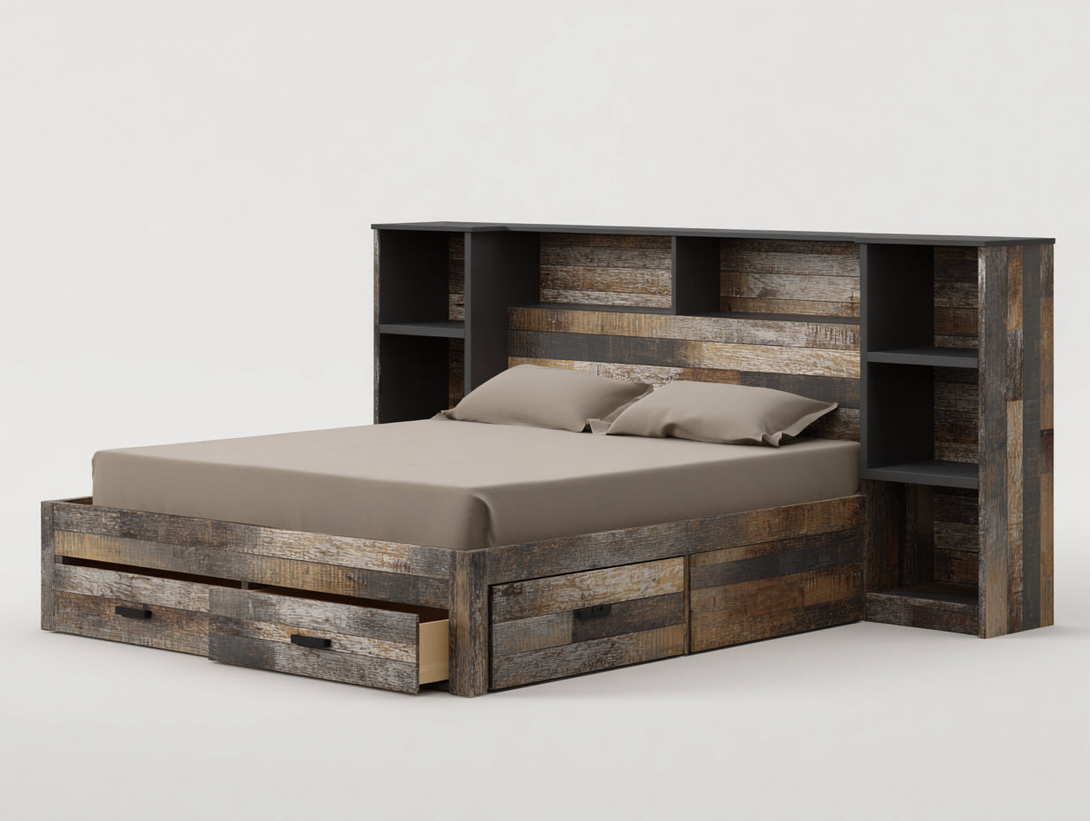 Lit double bois rustique avec rangement tete de lit integre 200x160x120 cm style industriel chambre gris marron