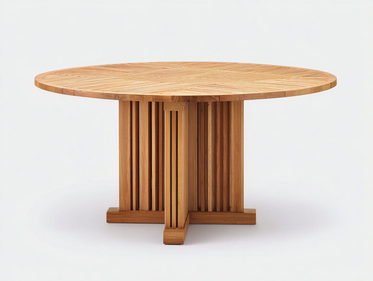 Table de jardin en bois massif design sculptural 140x140x75 cm base centrale