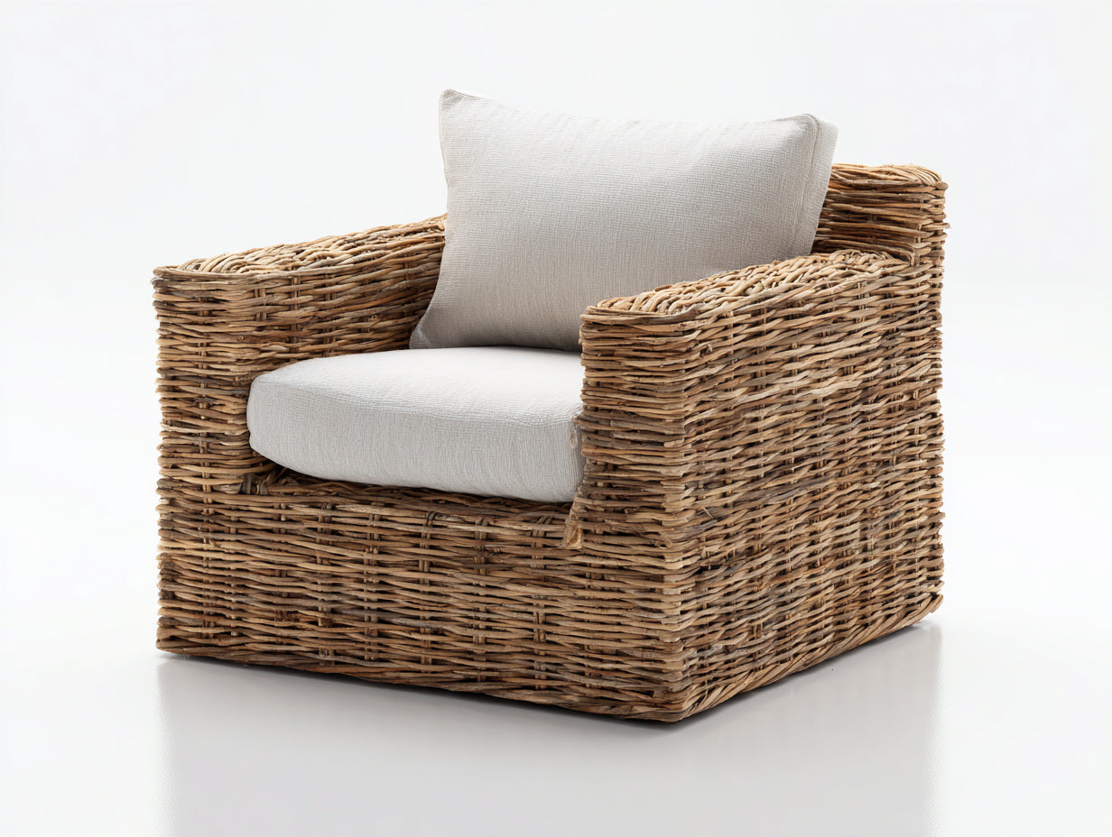 Fauteuil de jardin 80x80x75 cm rotin naturel et coussin beige style boh¨¨me moderne-fauteuil tress¨¦ avec coussin