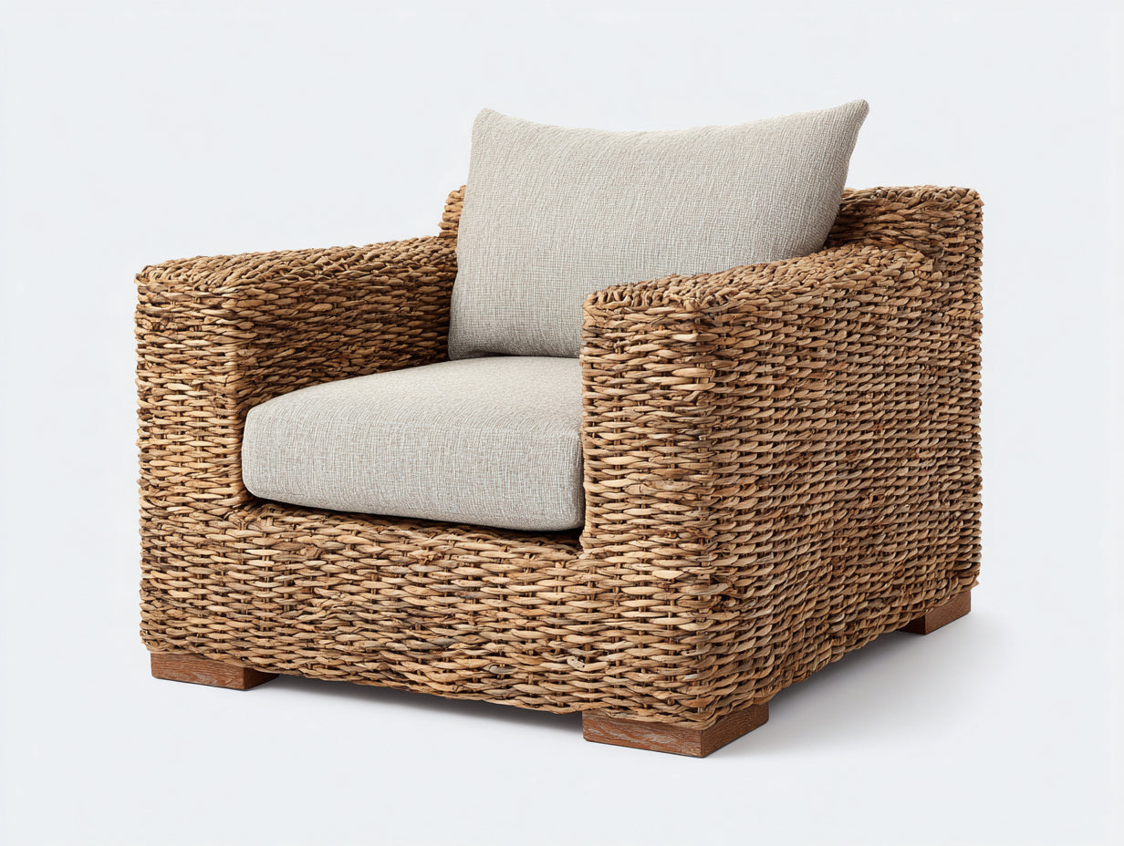 Fauteuil de jardin en rotin naturel avec coussin beige style rustique 80x80x85 cm