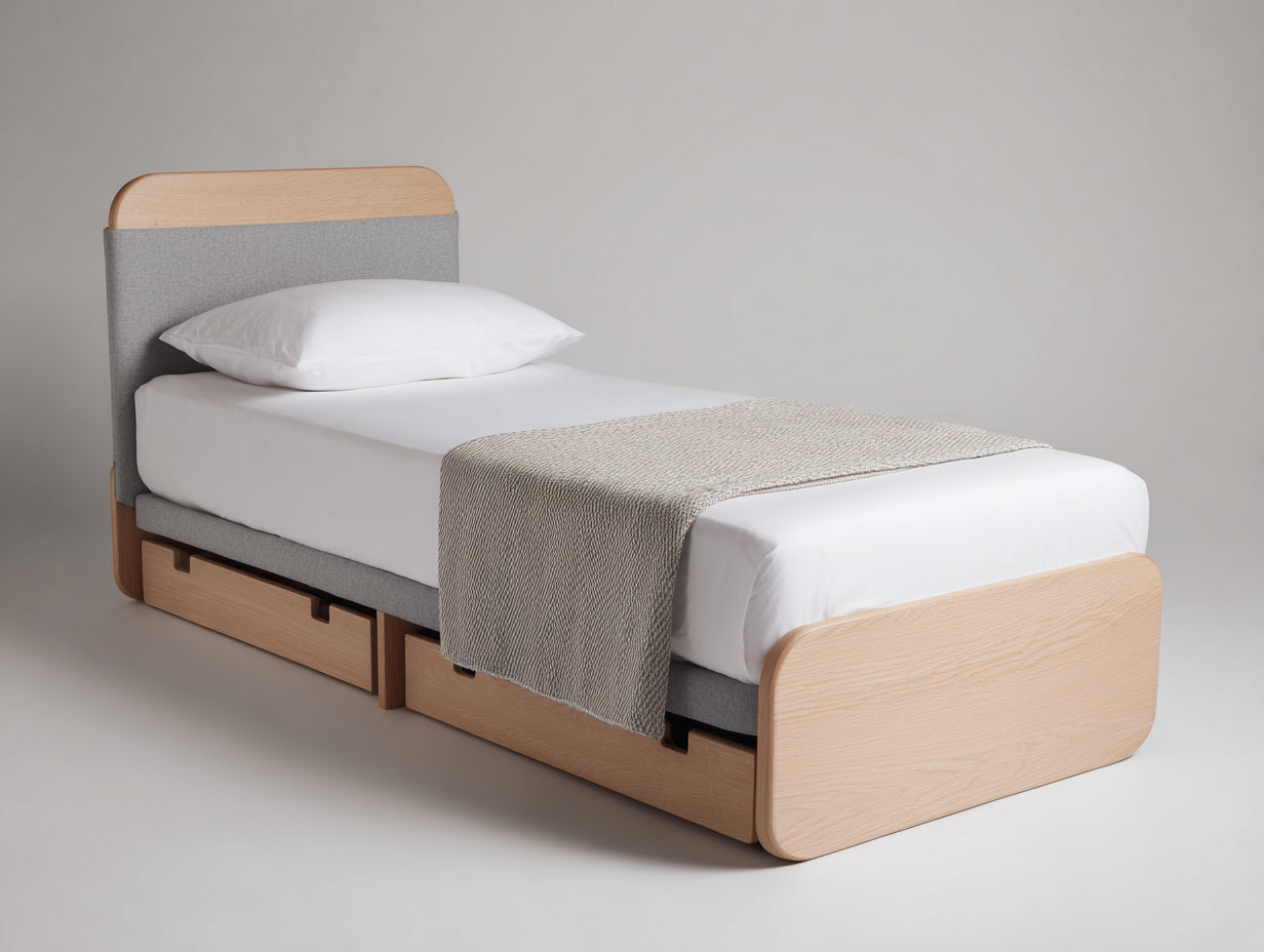 Lit simple avec rangement en bois naturel 200x90x95 cm - bois naturel et gris - design moderne minimaliste avec tiroirs int¨¦gr¨¦s