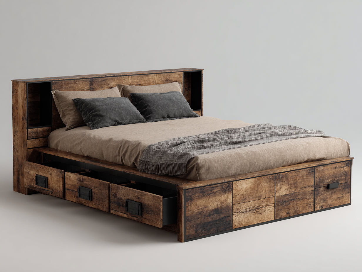 Lit double 210x160x110 cm bois fonc¨¦ rustique style industriel moderne-lit avec rangements tiroirs int¨¦gr¨¦s