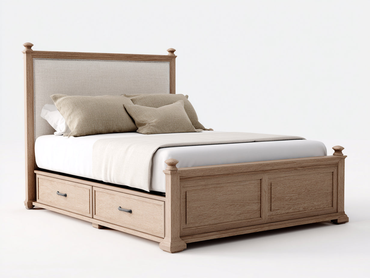 Lit double en bois massif avec rangements tiroirs t¨ºte de lit capitonn¨¦e beige 200x160x85 cm - style classique chambre adulte