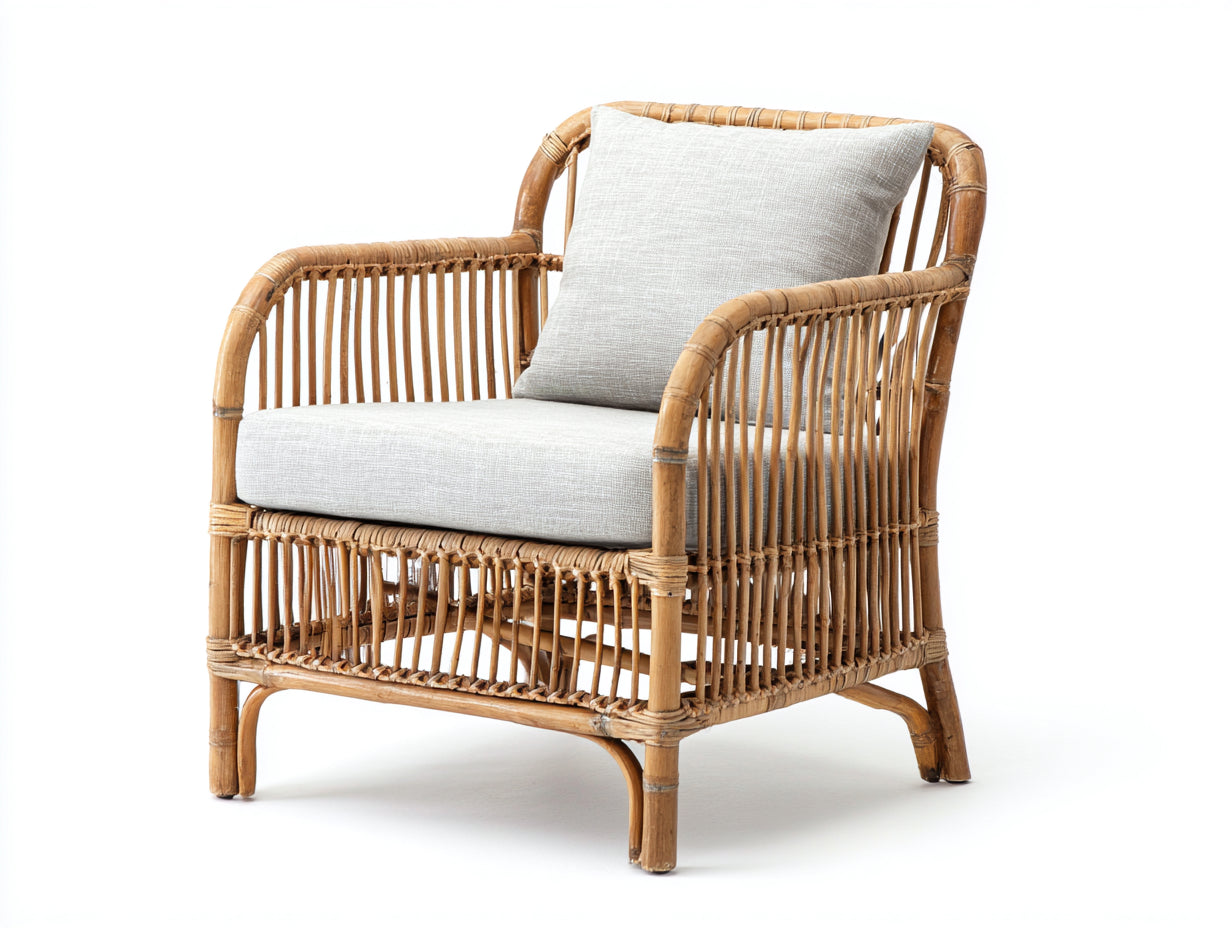 Fauteuil de jardin en rotin naturel avec coussin blanc design scandinave 85x75x78 cm