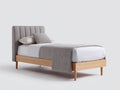 Lit simple bois tissu 200x90x110 cm - bois naturel gris beige - design minimaliste avec tete de lit rembourree