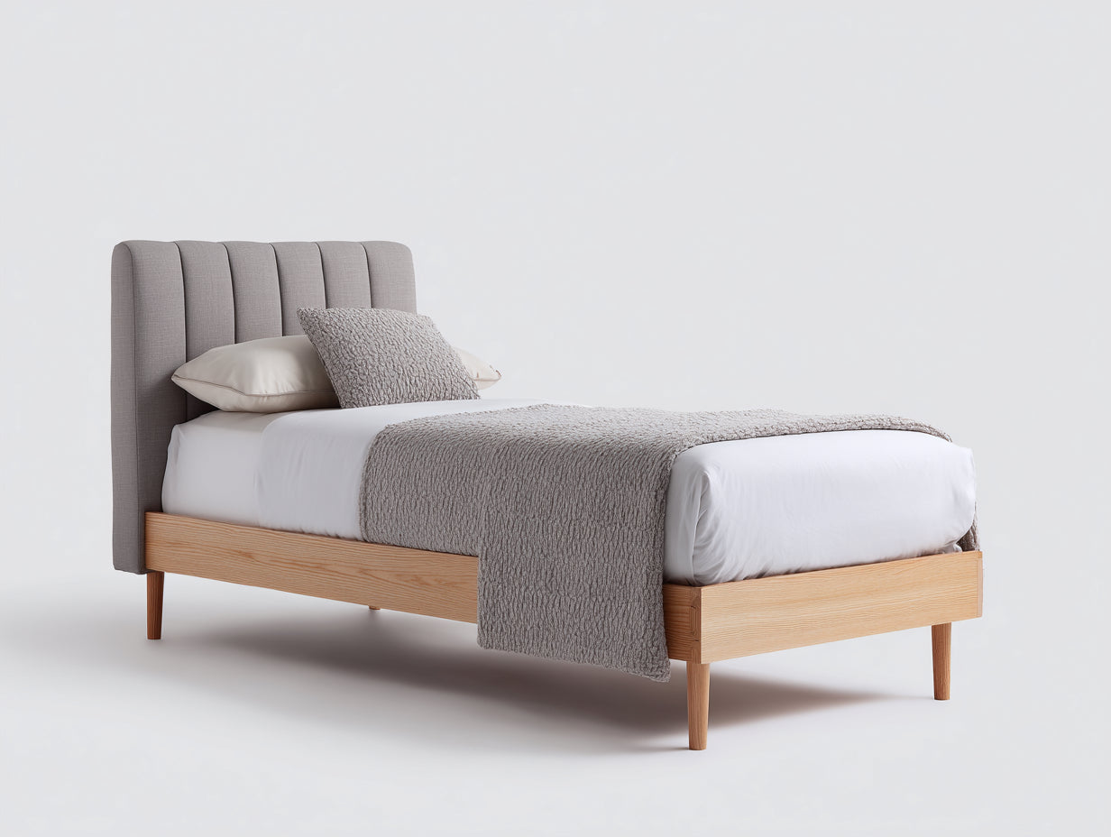 Lit simple bois tissu 200x90x110 cm - bois naturel gris beige - design minimaliste avec tete de lit rembourree