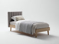 Lit simple 200x90x100 cm bois naturel et tissu gris style scandinave moderne-lit minimaliste avec t¨ºte de lit rembourr¨¦e