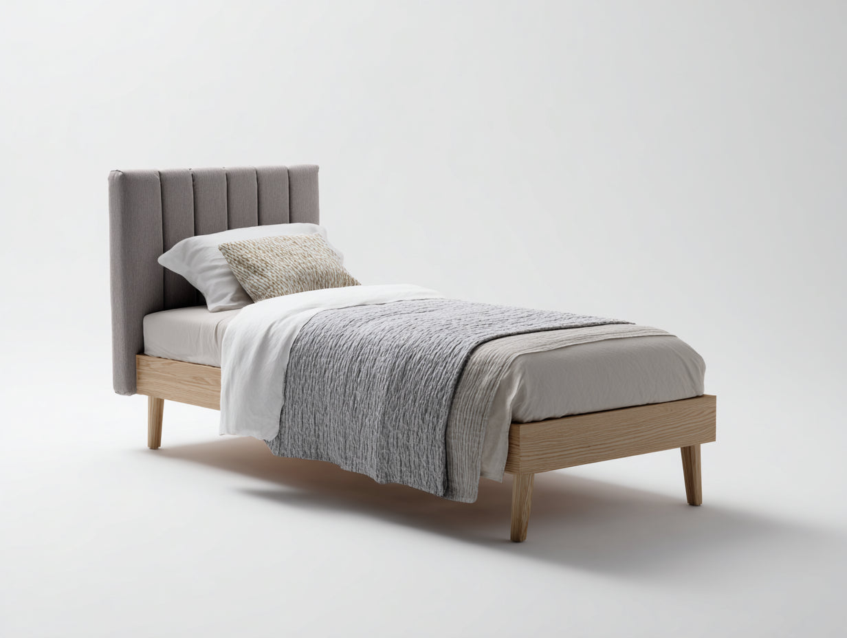 Lit simple 200x90x100 cm bois naturel et tissu gris style scandinave moderne-lit minimaliste avec t¨ºte de lit rembourr¨¦e